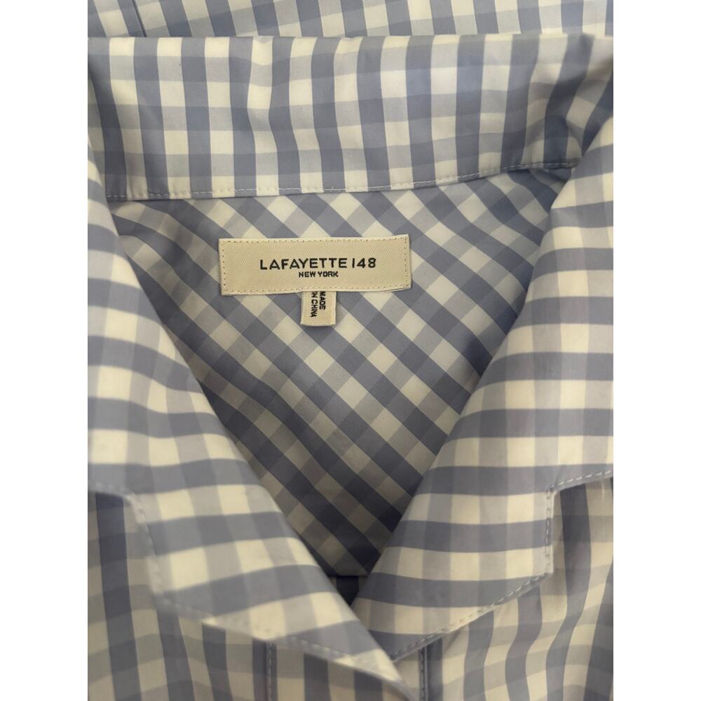Lafayette 148 New York Poplin Button Up Shirt Blue Gingham Check Size XS FLAW - Picture 9 of 15